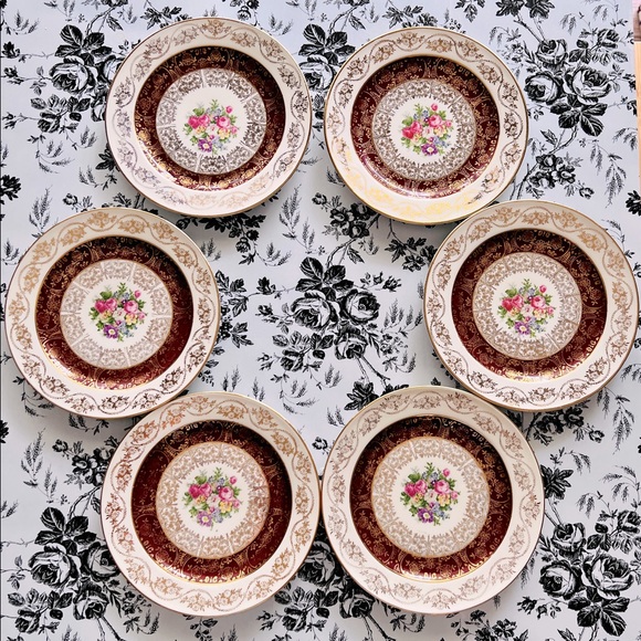 Vtg 1930 Edwin M. Knowles China Co.Semi Vitreous 6 Dessert Plates Floral22k Gold - Picture 1 of 9